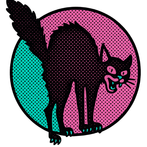 Duotone cartoon image of Sabo-Tabby (IWW Wobbly mascot) in pink and teal